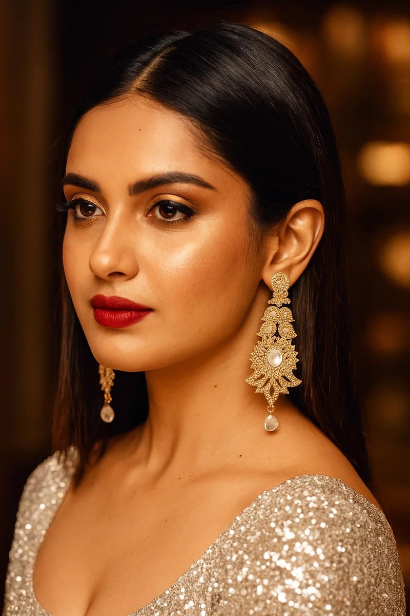 Touchstone "Hollywood Glamour Oscar Collection" Extra Long Chandelier Earrings Indian Attractive Paisley Motif Filigree Yellow Rhinestones Designer Bridal Jewelry In Antique Gold Tone For Women. - Image 4